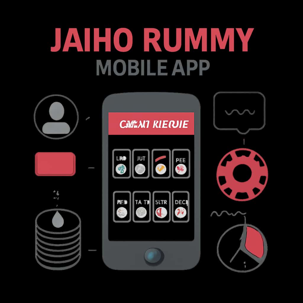 An educational diagram illustrating the features of the Jaiho Rummy Mobile App.